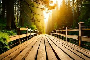 hölzern Brücke im das Wald beim Sonnenuntergang. KI-generiert foto