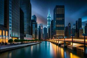 ein Fluss läuft durch ein Stadt beim Nacht. KI-generiert foto