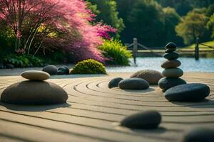 ein Zen Garten mit Steine und Blumen. KI-generiert foto