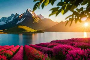 das Sonne steigt an Über ein See und Blumen im das Berge. KI-generiert foto