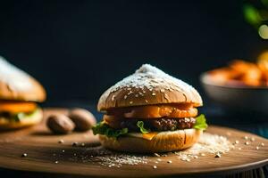 zwei Hamburger auf ein hölzern Tafel mit ein Schüssel von Fritten. KI-generiert foto