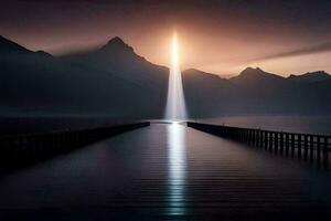 ein lange Seebrücke mit ein Licht leuchtenden in das Himmel. KI-generiert foto