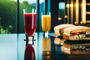 ein Glas von Saft und ein Sandwich auf ein Tisch. KI-generiert foto