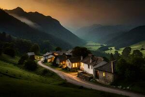 ein klein Dorf im das Berge beim Sonnenuntergang. KI-generiert foto