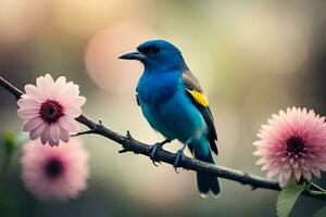 ein Blau Vogel sitzt auf ein Ast mit Rosa Blumen. KI-generiert foto