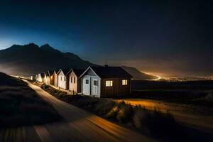 ein lange Exposition fotografieren von ein Reihe von Häuser beim Nacht. KI-generiert foto