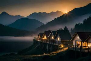 Foto Hintergrund das Himmel, Berge, Nebel, See, Haus, Kabine, das Sonne, Sonnenaufgang. KI-generiert