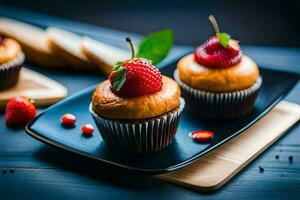 Cupcakes mit Erdbeeren auf ein schwarz Platte. KI-generiert foto