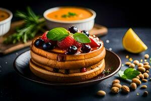 ein Stapel von Pfannkuchen mit Beeren und Nüsse. KI-generiert foto