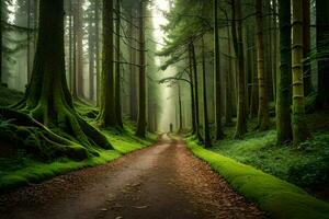 ein Pfad durch ein Wald mit Bäume und Moos. KI-generiert foto