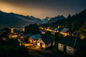 ein Dorf beim Nacht mit Berge im das Hintergrund. KI-generiert foto