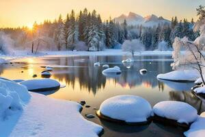 Schnee bedeckt Felsen und Bäume im ein See beim Sonnenuntergang. KI-generiert foto