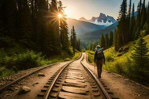 ein Mann Gehen entlang Eisenbahn Spuren im das Berge. KI-generiert foto