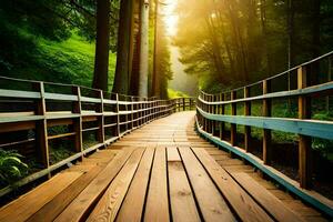 ein hölzern Brücke im das Wald mit Sonne leuchtenden. KI-generiert foto