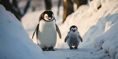 Baby Pinguin und seine Mutter Gehen im das Schnee, ai generativ foto