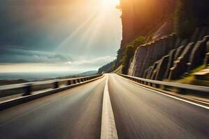 ein Autobahn mit ein Sonne leuchtenden durch das Wolken. KI-generiert foto