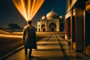 ein Mann Gehen Nieder das Straße im Vorderseite von ein Moschee. KI-generiert foto