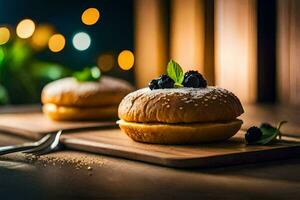 zwei Donuts auf ein hölzern Schneiden Tafel mit ein Gabel und Messer. KI-generiert foto