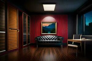 ein Zimmer mit ein schwarz Leder Couch und ein Gemälde auf das Mauer. KI-generiert foto