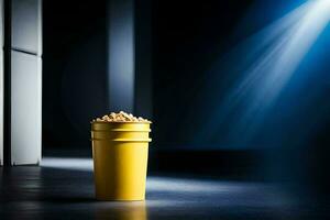ein Gelb Eimer von Popcorn auf ein dunkel Boden. KI-generiert foto