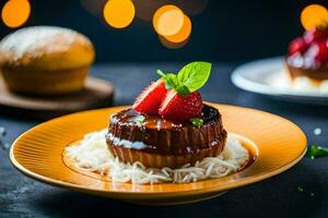 ein Dessert mit Erdbeeren und Schokolade auf ein Platte. KI-generiert foto