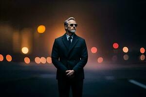 ein Mann im ein passen und Sonnenbrille Stehen im das Mitte von ein Stadt Straße beim Nacht. KI-generiert foto