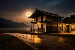 ein Haus auf das Strand beim Nacht mit ein voll Mond. KI-generiert foto
