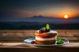 ein Dessert auf ein Teller mit ein Sonnenuntergang im das Hintergrund. KI-generiert foto