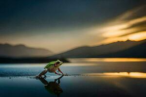 ein Frosch Stehen auf das Kante von ein See beim Sonnenuntergang. KI-generiert foto