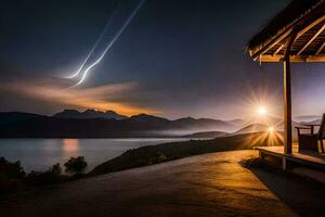 ein Aussicht von das Berge und See beim Nacht. KI-generiert foto