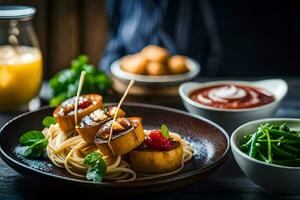 ein Teller von Spaghetti mit Fleischklößchen und Gemüse. KI-generiert foto