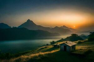 das Sonne steigt an Über ein Berg Angebot mit ein Hütte und grasig hügel. KI-generiert foto