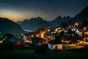 ein Dorf beim Nacht mit Berge im das Hintergrund. KI-generiert foto