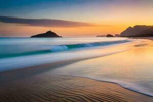 Sonnenuntergang auf das Strand, Wellen, Ozean, Wellen, Strand, hd Hintergrund. KI-generiert foto