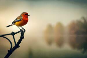 ein rot Vogel thront auf ein Ast in der Nähe von ein See. KI-generiert foto