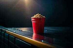 ein rot Eimer gefüllt mit Popcorn Sitzung auf ein Tisch. KI-generiert foto