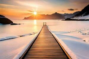 ein hölzern Brücke führt zu das Ozean und Schnee bedeckt Berge. KI-generiert foto