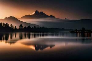 ein Berg Angebot ist reflektiert im das Wasser beim Sonnenuntergang. KI-generiert foto