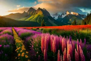 das Blumen von das Schlucht, das Berge, und das Sonne. KI-generiert foto