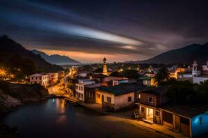 ein Stadt, Dorf beim Nacht mit ein Fluss und Berge im das Hintergrund. KI-generiert foto