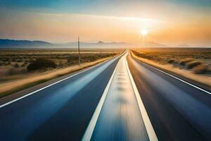 ein lange Autobahn mit das Sonne Rahmen im das Distanz. KI-generiert foto