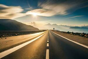 ein lange leeren Straße mit ein Sonne Rahmen Über das Ozean. KI-generiert foto