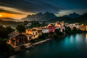 das Sonnenuntergang Über das Stadt, Dorf von Udaipur, Indien. KI-generiert foto