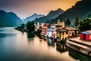 ein Fluss im Indien mit Häuser auf das Banken. KI-generiert foto