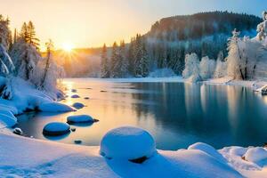 ein Winter Landschaft mit Schnee bedeckt Bäume und ein Fluss. KI-generiert foto