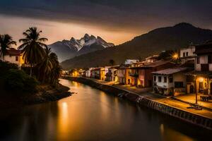 ein Fluss läuft durch ein Stadt, Dorf beim Nacht mit Berge im das Hintergrund. KI-generiert foto