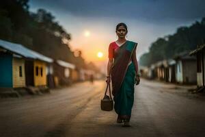 ein Frau im ein Sari Spaziergänge Nieder ein Straße beim Sonnenuntergang. KI-generiert foto