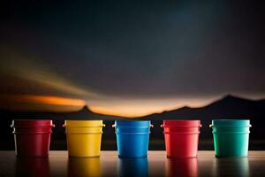 fünf bunt Tassen sitzen auf ein Tabelle im Vorderseite von ein Sonnenuntergang. KI-generiert foto