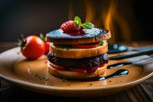 Foto Hintergrund Essen, das Platte, Toast, Hamburger, Tomate, Erdbeere, Käse, Soße. KI-generiert