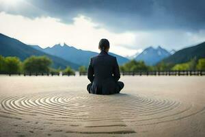 ein Person Sitzung im das Sand mit ein Zen Garten im das Hintergrund. KI-generiert foto
